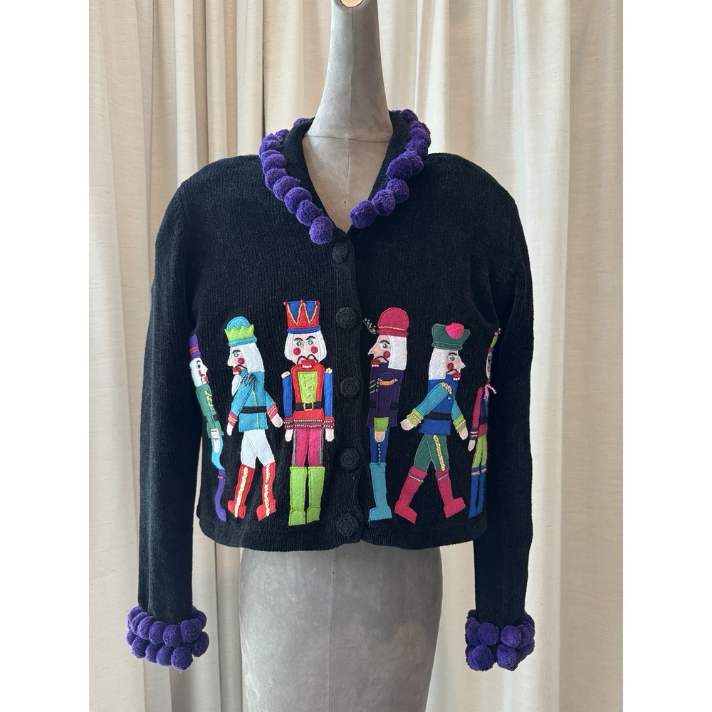 Vintage BELLEPOINTE Nutcracker Christmas  Sweater Cardigan  And Pom Pom Trim